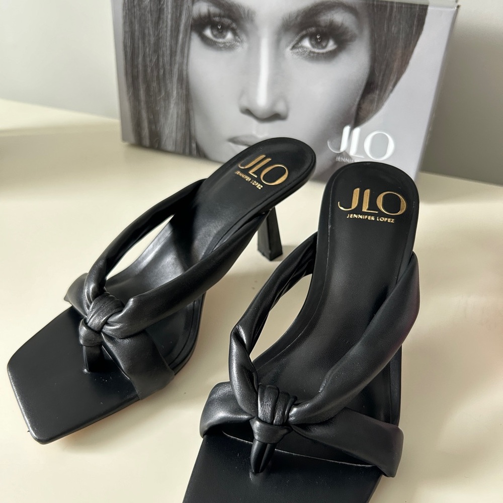 Jennifer Lopez Black Heeled Mules with Knot Detail